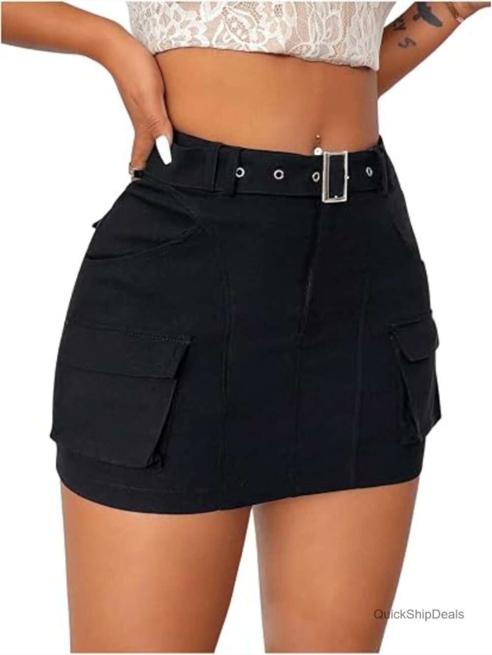 Grommet Eyelet Belted Cargo Skirt High Waisted Mini Pockets